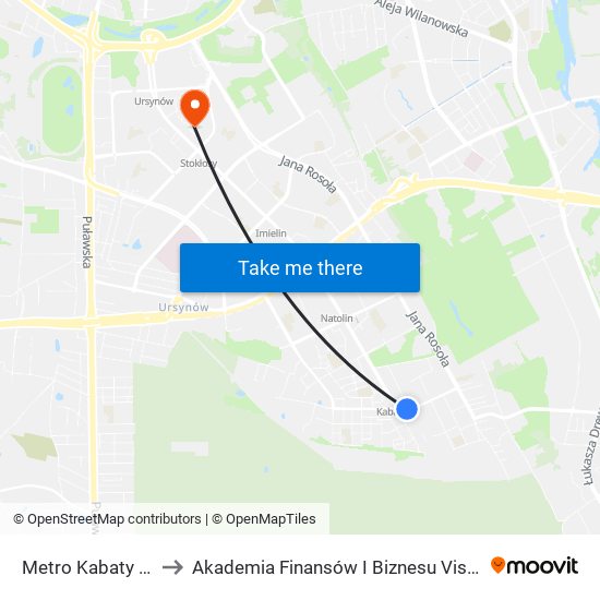 Metro Kabaty 03 to Akademia Finansów I Biznesu Vistula map