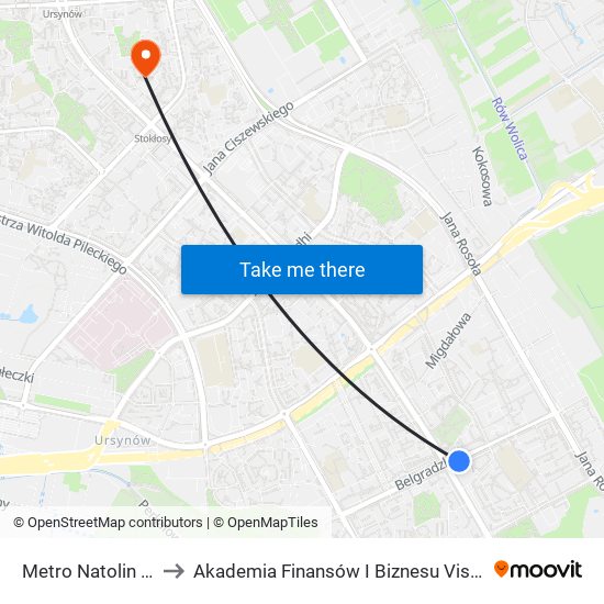 Metro Natolin 01 to Akademia Finansów I Biznesu Vistula map