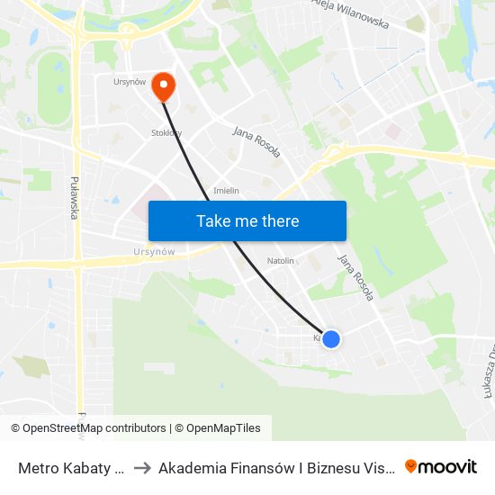 Metro Kabaty to Akademia Finansów I Biznesu Vistula map