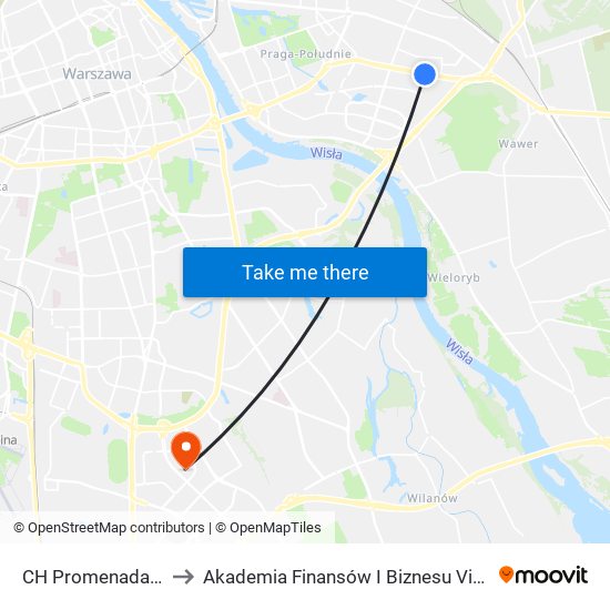 CH Promenada to Akademia Finansów I Biznesu Vistula map