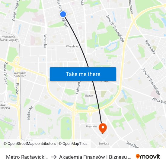 Metro Racławicka 01 to Akademia Finansów I Biznesu Vistula map