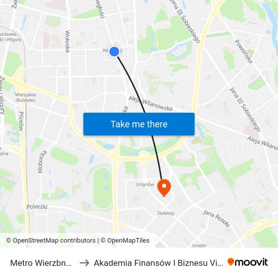 Metro Wierzbno to Akademia Finansów I Biznesu Vistula map