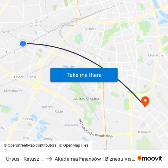 Ursus - Ratusz 05 to Akademia Finansów I Biznesu Vistula map