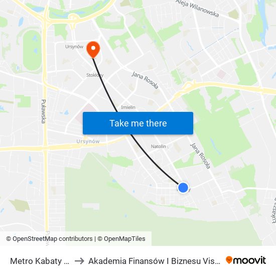 Metro Kabaty 04 to Akademia Finansów I Biznesu Vistula map