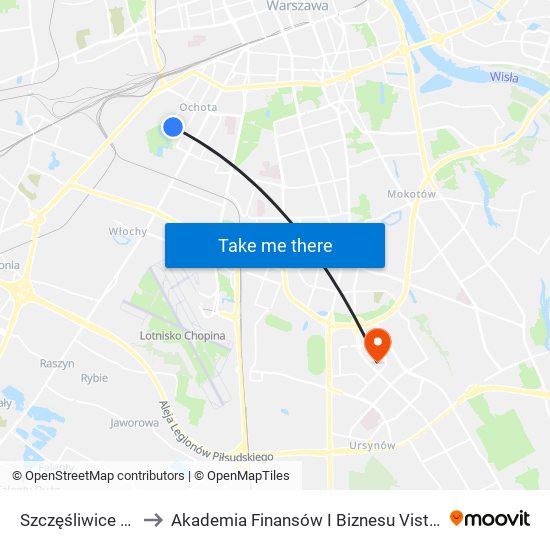 Szczęśliwice to Akademia Finansów I Biznesu Vistula map