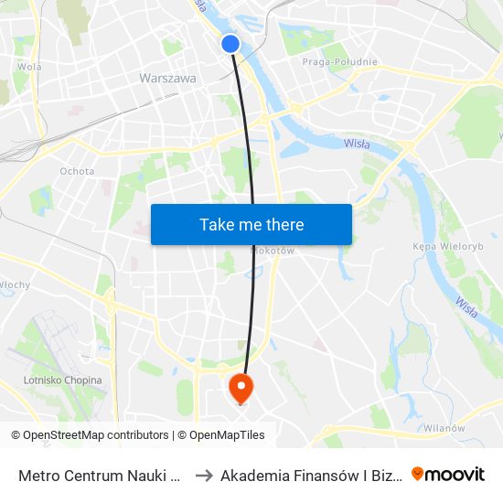 Metro Centrum Nauki Kopernik 02 to Akademia Finansów I Biznesu Vistula map