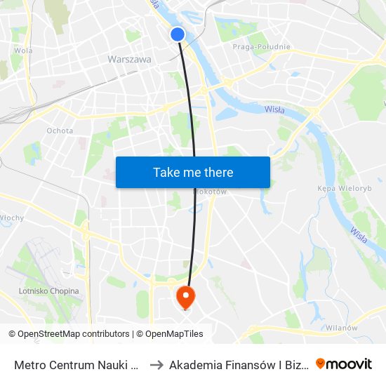 Metro Centrum Nauki Kopernik to Akademia Finansów I Biznesu Vistula map