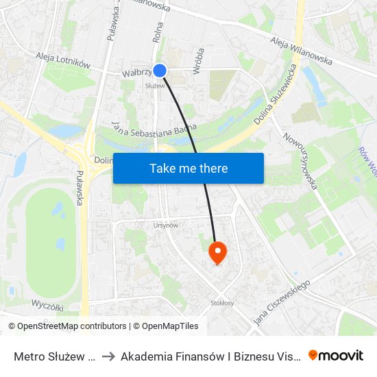 Metro Służew to Akademia Finansów I Biznesu Vistula map