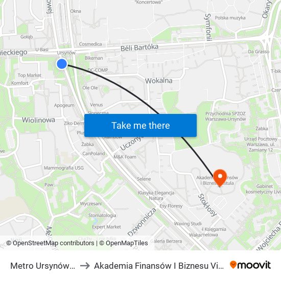 Metro Ursynów to Akademia Finansów I Biznesu Vistula map