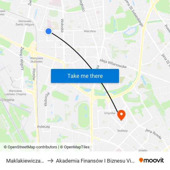 Maklakiewicza 01 to Akademia Finansów I Biznesu Vistula map