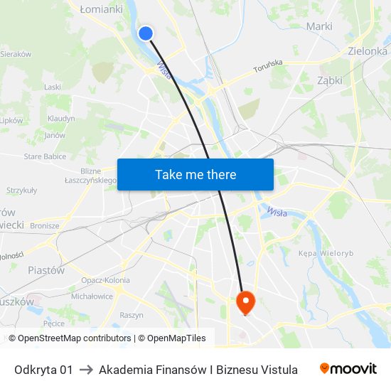 Odkryta 01 to Akademia Finansów I Biznesu Vistula map