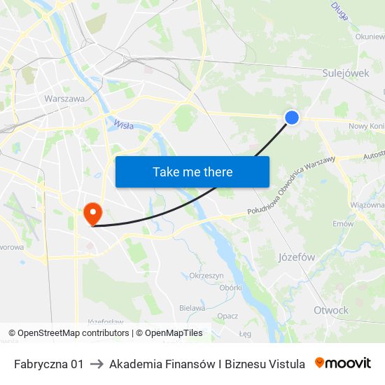 Fabryczna 01 to Akademia Finansów I Biznesu Vistula map