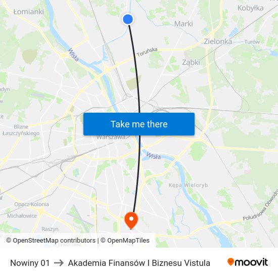 Nowiny to Akademia Finansów I Biznesu Vistula map