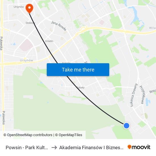 Powsin - Park Kultury 01 to Akademia Finansów I Biznesu Vistula map