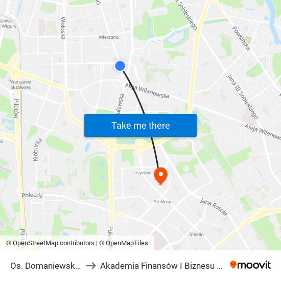 Os. Domaniewska 01 to Akademia Finansów I Biznesu Vistula map