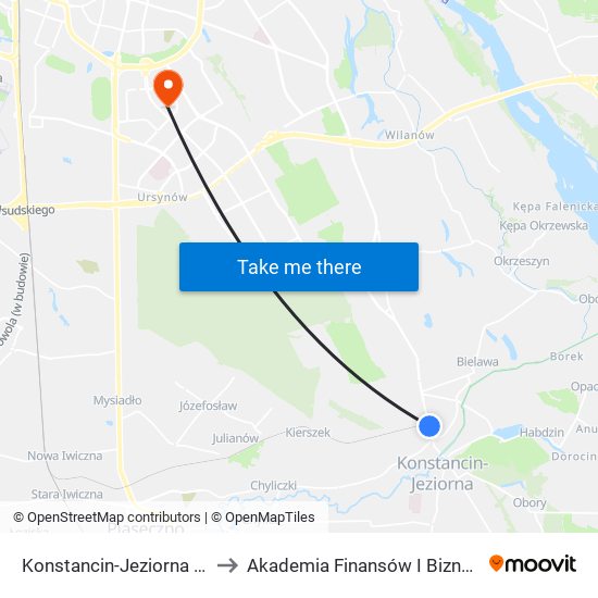 Konstancin-Jeziorna Polna 02 to Akademia Finansów I Biznesu Vistula map