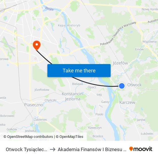 Otwock Tysiąclecia 01 to Akademia Finansów I Biznesu Vistula map