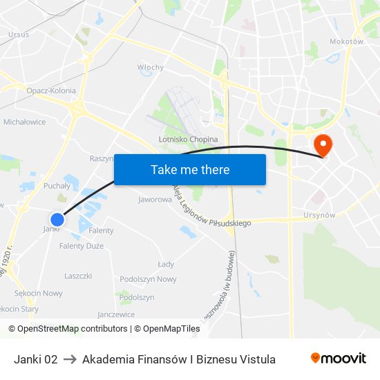 Janki 02 to Akademia Finansów I Biznesu Vistula map