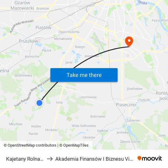 Kajetany Rolna 02 to Akademia Finansów I Biznesu Vistula map