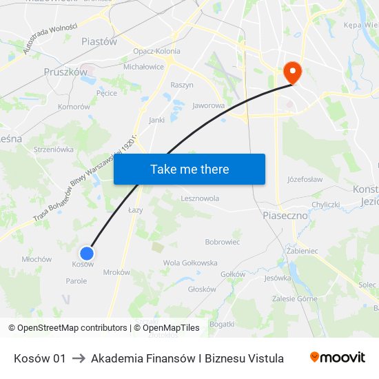 Kosów 01 to Akademia Finansów I Biznesu Vistula map