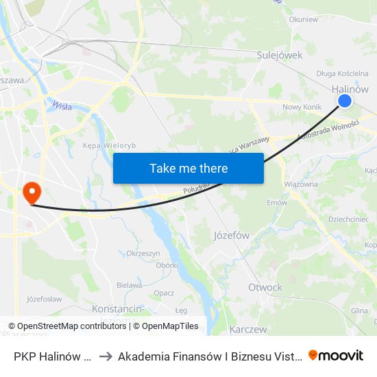 PKP Halinów 01 to Akademia Finansów I Biznesu Vistula map