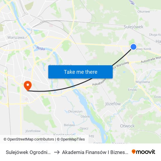 Sulejówek Ogrodnicza 01 to Akademia Finansów I Biznesu Vistula map