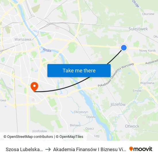 Szosa Lubelska 01 to Akademia Finansów I Biznesu Vistula map