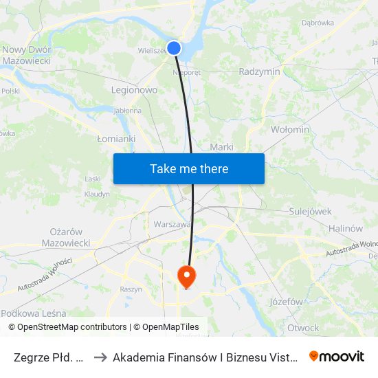 Zegrze Płd. 01 to Akademia Finansów I Biznesu Vistula map