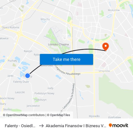 Falenty - Osiedle 01 to Akademia Finansów I Biznesu Vistula map