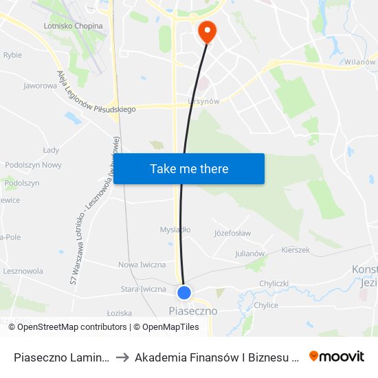 Piaseczno Lamina 03 to Akademia Finansów I Biznesu Vistula map