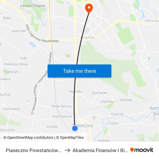 Piaseczno Powstańców Warszawy 02 to Akademia Finansów I Biznesu Vistula map