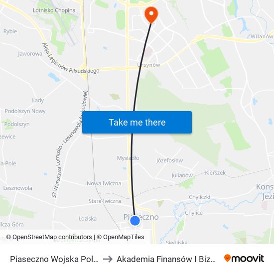 Piaseczno Wojska Polskiego 02 to Akademia Finansów I Biznesu Vistula map