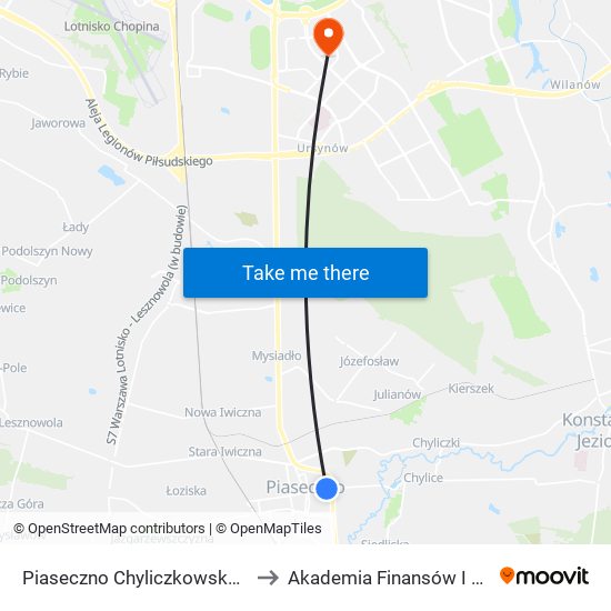 Piaseczno Chyliczkowska - Technikum 02 to Akademia Finansów I Biznesu Vistula map