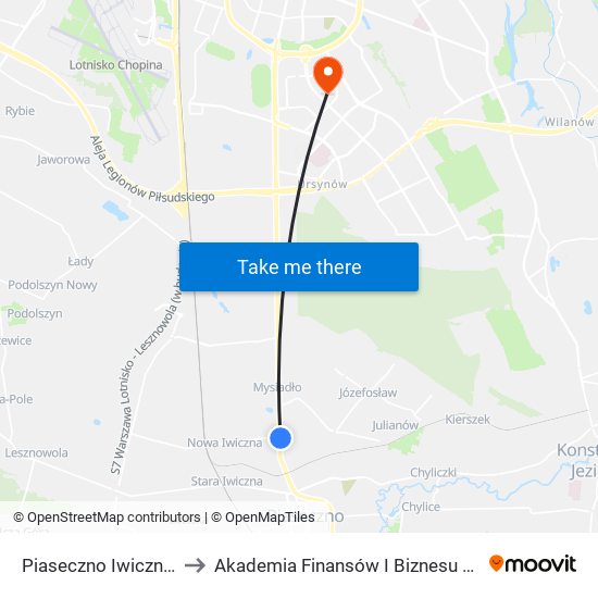 Piaseczno Iwiczna 02 to Akademia Finansów I Biznesu Vistula map