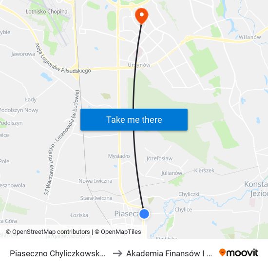 Piaseczno Chyliczkowska - Technikum 01 to Akademia Finansów I Biznesu Vistula map