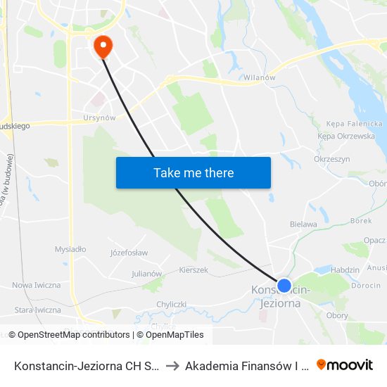 Konstancin-Jeziorna CH Stara Papiernia 02 to Akademia Finansów I Biznesu Vistula map