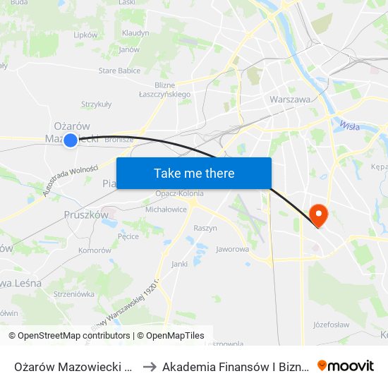 Ożarów Mazowiecki 3 Maja 01 to Akademia Finansów I Biznesu Vistula map