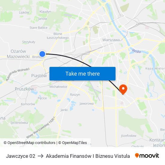 Jawczyce 02 to Akademia Finansów I Biznesu Vistula map