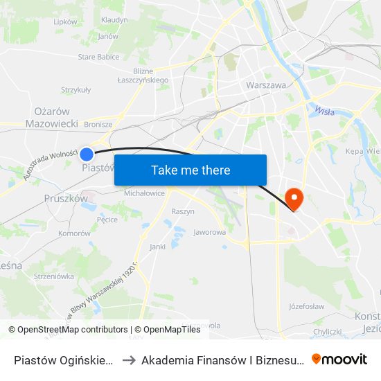 Piastów Ogińskiego 02 to Akademia Finansów I Biznesu Vistula map