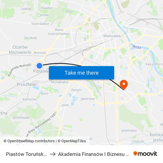 Piastów Toruńska 01 to Akademia Finansów I Biznesu Vistula map