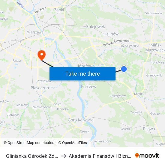 Glinianka Ośrodek Zdrowia 01 to Akademia Finansów I Biznesu Vistula map