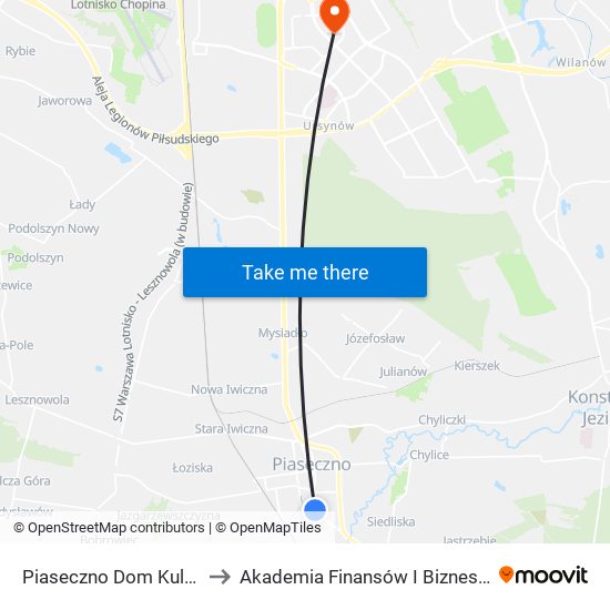 Piaseczno Dom Kultury 01 to Akademia Finansów I Biznesu Vistula map