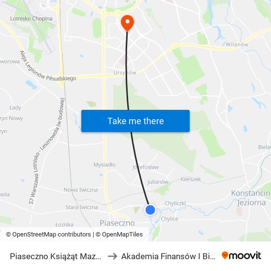 Piaseczno Książąt Mazowieckich 02 to Akademia Finansów I Biznesu Vistula map