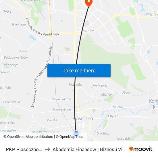 PKP Piaseczno 01 to Akademia Finansów I Biznesu Vistula map