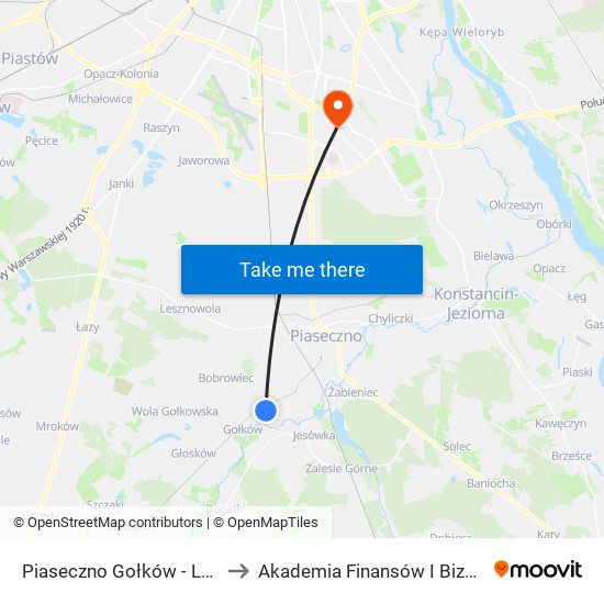 Piaseczno Gołków - Letnisko 01 to Akademia Finansów I Biznesu Vistula map