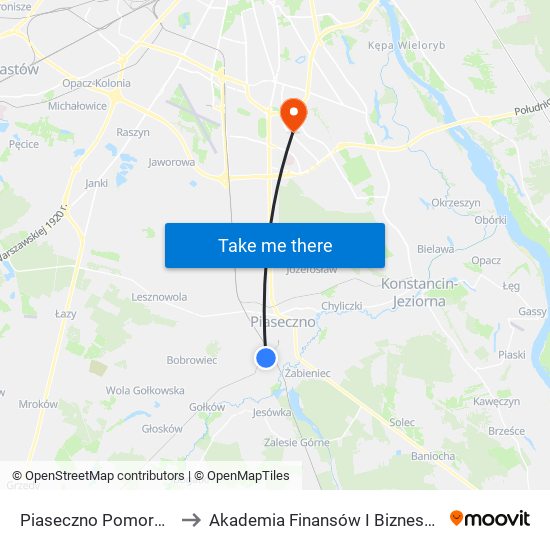 Piaseczno Pomorska 02 to Akademia Finansów I Biznesu Vistula map