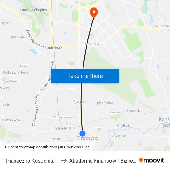 Piaseczno Kusocińskiego 02 to Akademia Finansów I Biznesu Vistula map
