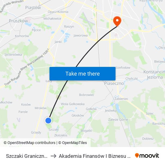 Szczaki Graniczna 01 to Akademia Finansów I Biznesu Vistula map