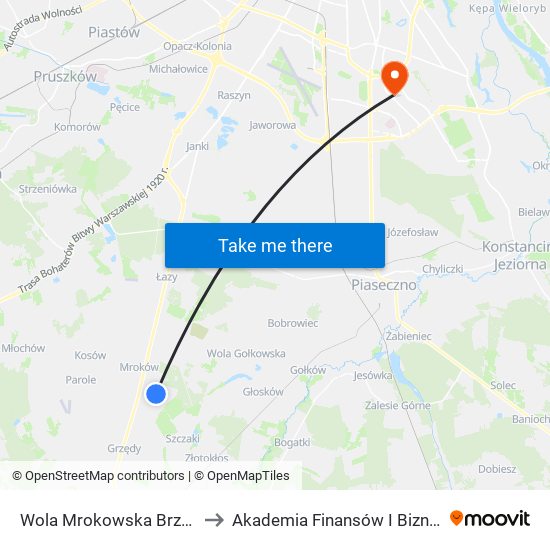 Wola Mrokowska Brzozowa 01 to Akademia Finansów I Biznesu Vistula map