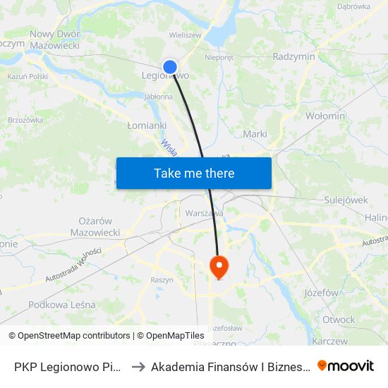 PKP Legionowo Piaski 01 to Akademia Finansów I Biznesu Vistula map